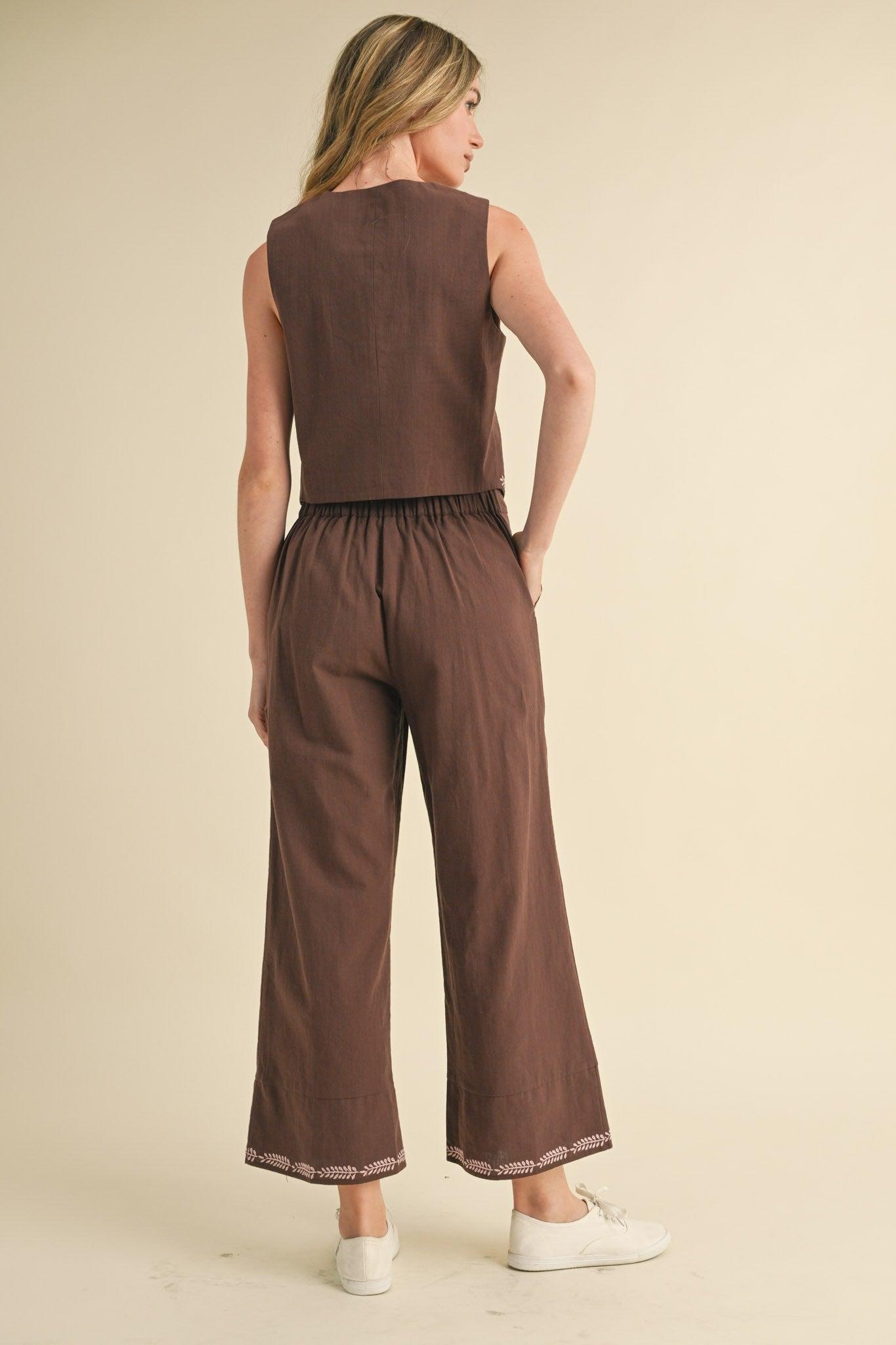 Embroidered Vest and Wide Leg Pants Set Product Image
