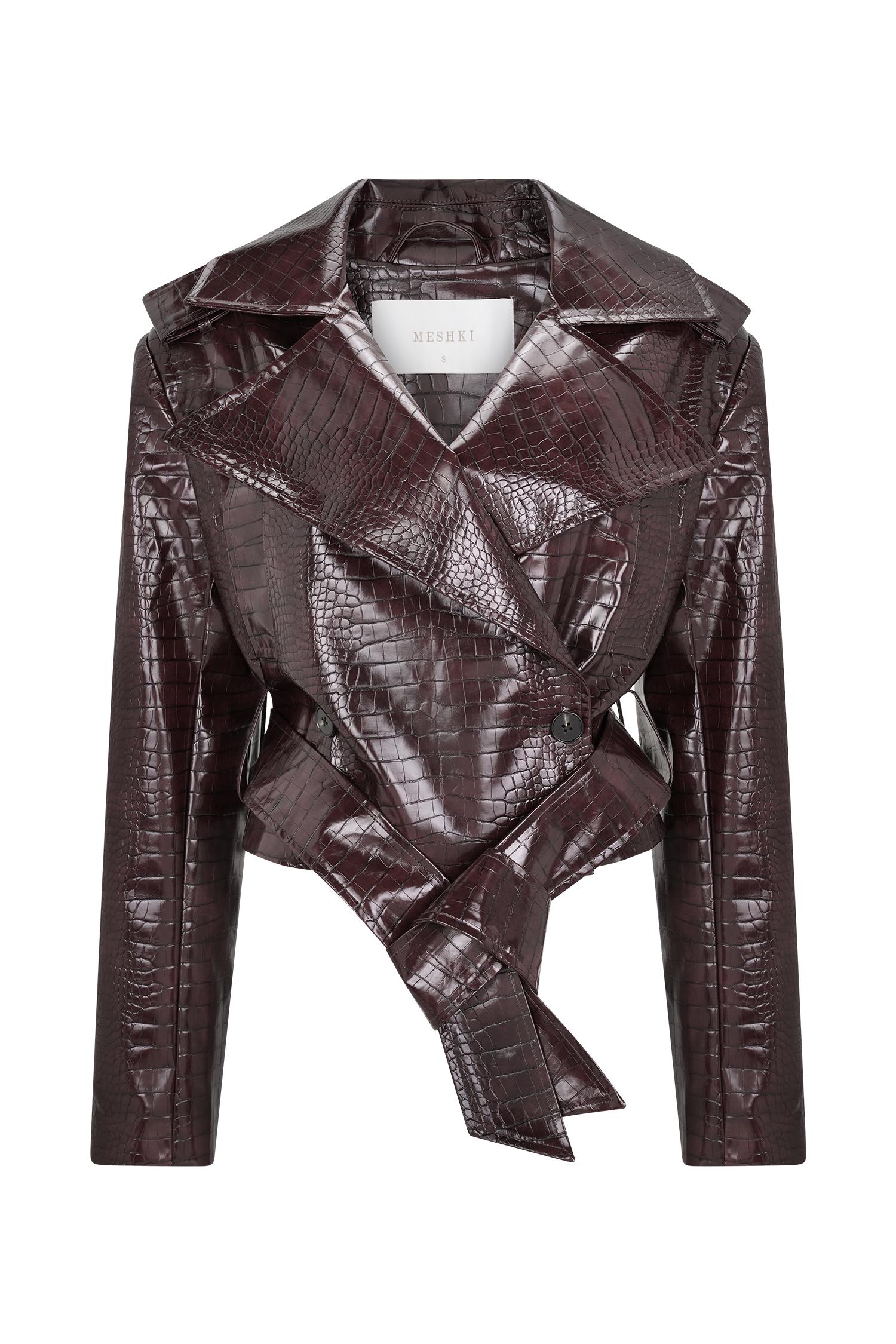 Archie Croc Faux Leather Cropped Jacket - Burgundy Female Product Image