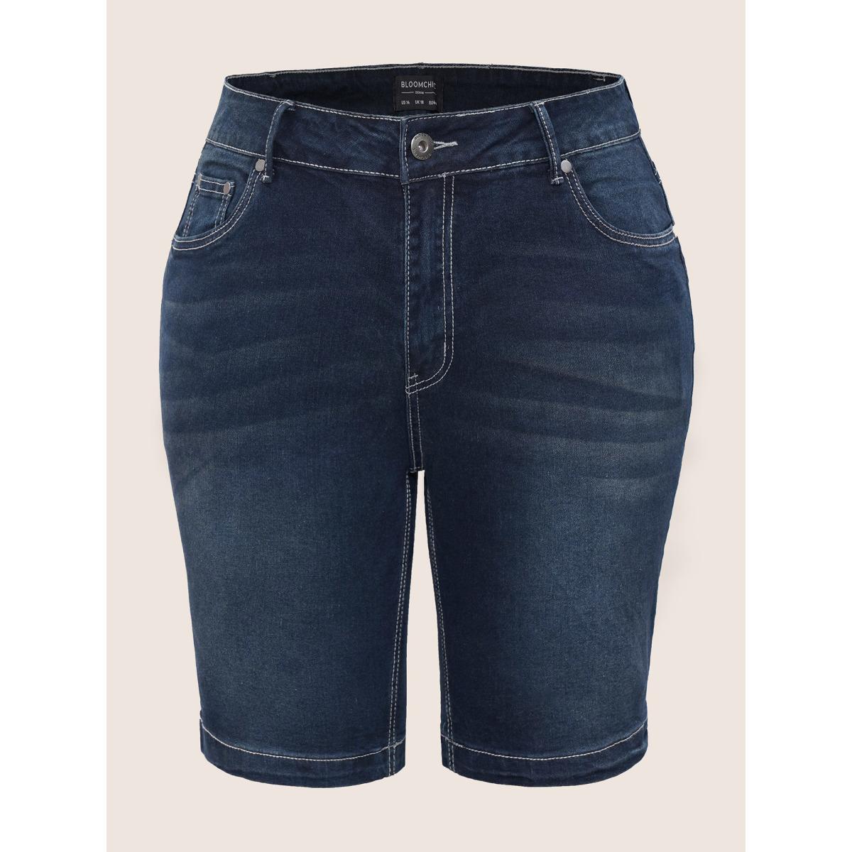 Plus Size Very Stretchy High Rise Dark Wash Denim Shorts Women DarkBlue Casual Plain High stretch Slanted pocket Jeans BloomChic 18/2X Product Image