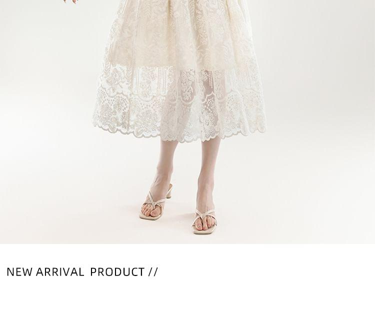 Short Sleeve V-Neck Plain Embroidered Belted Button Midi A-Line Dress Product Image