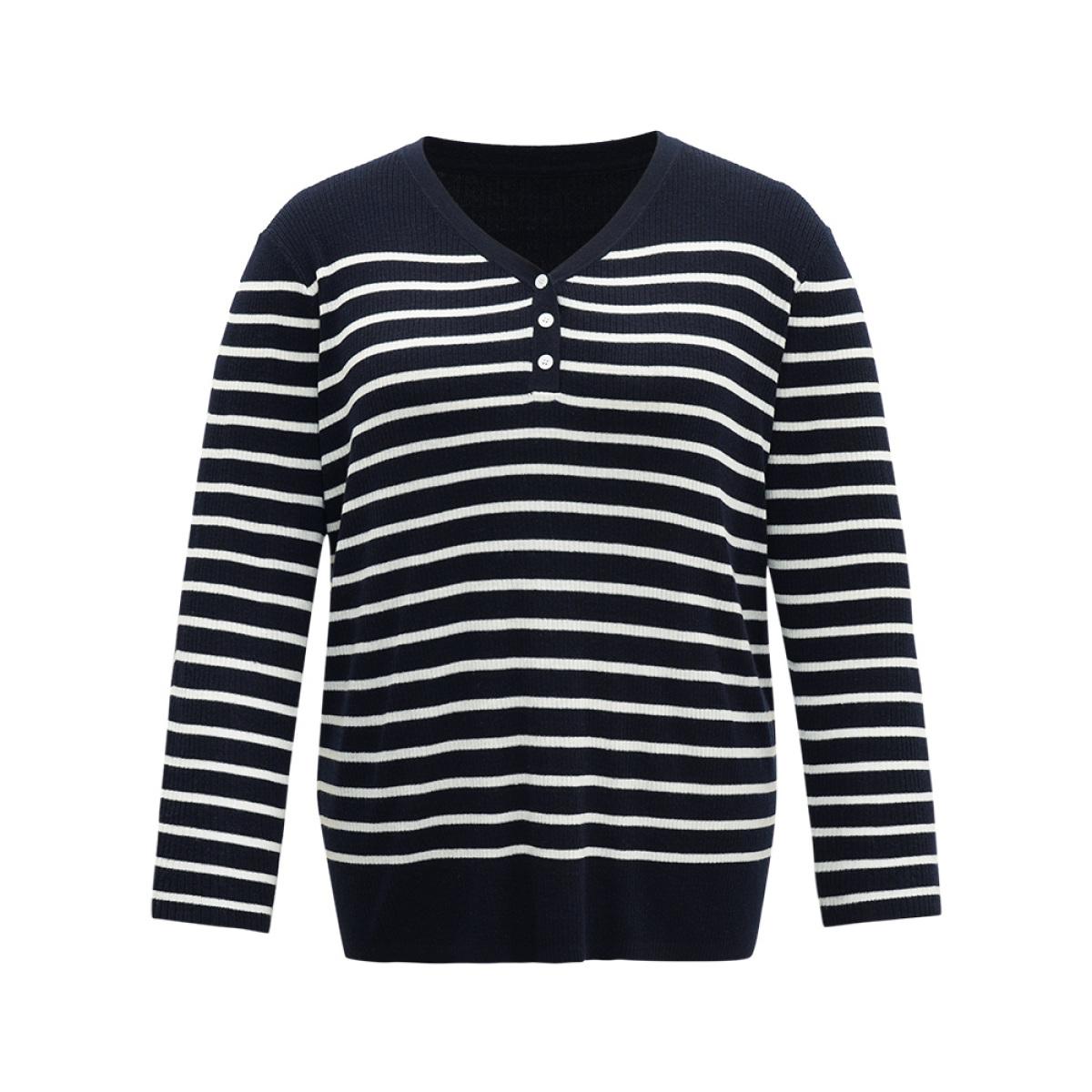 Plus Size Supersoft Essentials Striped Button Through Pullover Midnight Women Casual Loose Long Sleeve V-neck Dailywear Pullovers BloomChic 22-24/3X Product Image