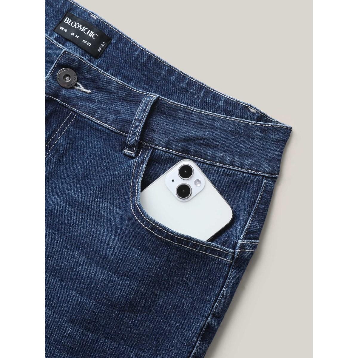 Plus Size Stretchy 5 Pockets Skinny-Fit Crop Jeans Women Darkindigo Leisure Medium stretch Slanted pocket Jeans BloomChic 22/3X Product Image