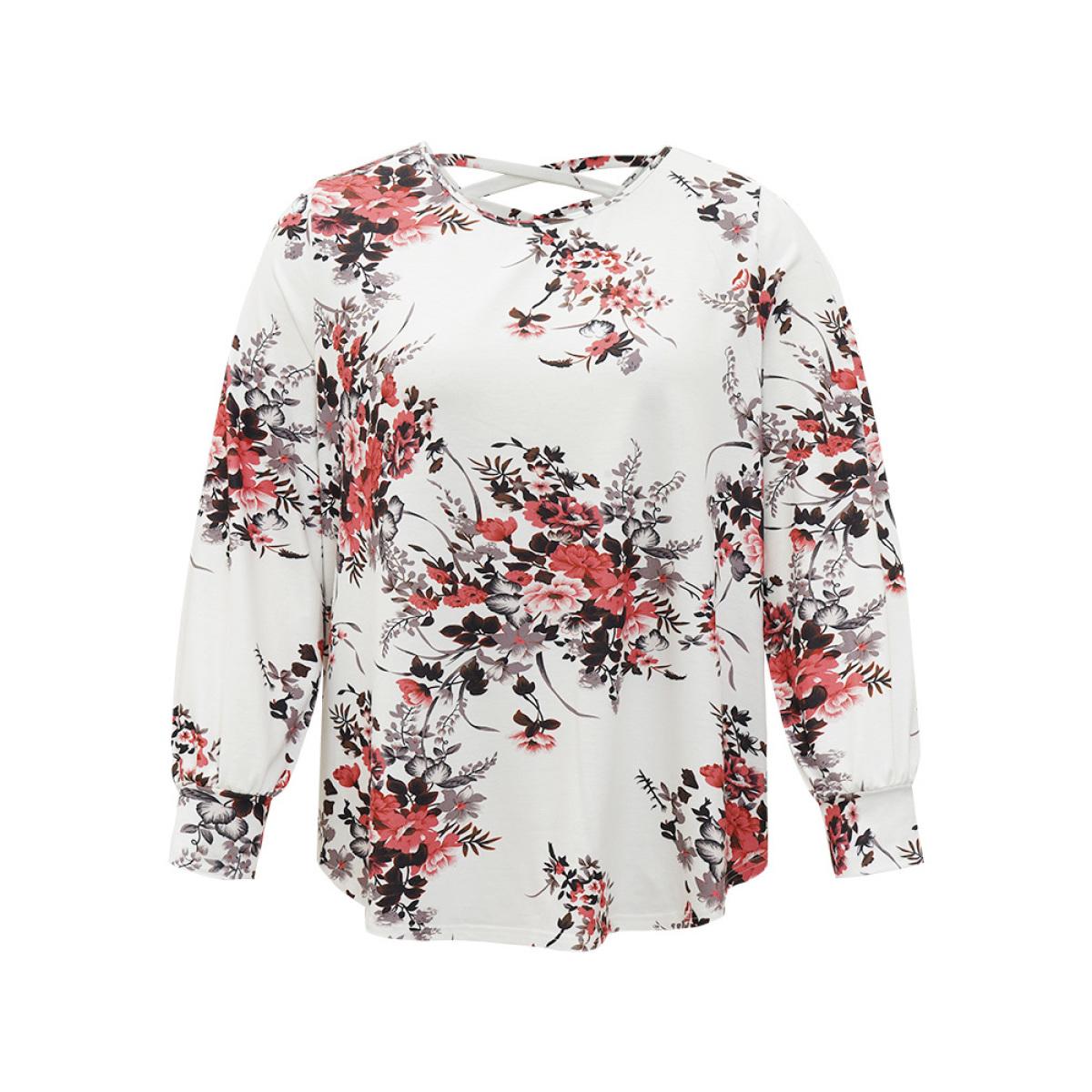 Plus Size Floral Print Crew Neck Crisscross Sweatshirt Women White Elegant Elastic cuffs Round Neck Dailywear Sweatshirts BloomChic 14-16/1X Product Image