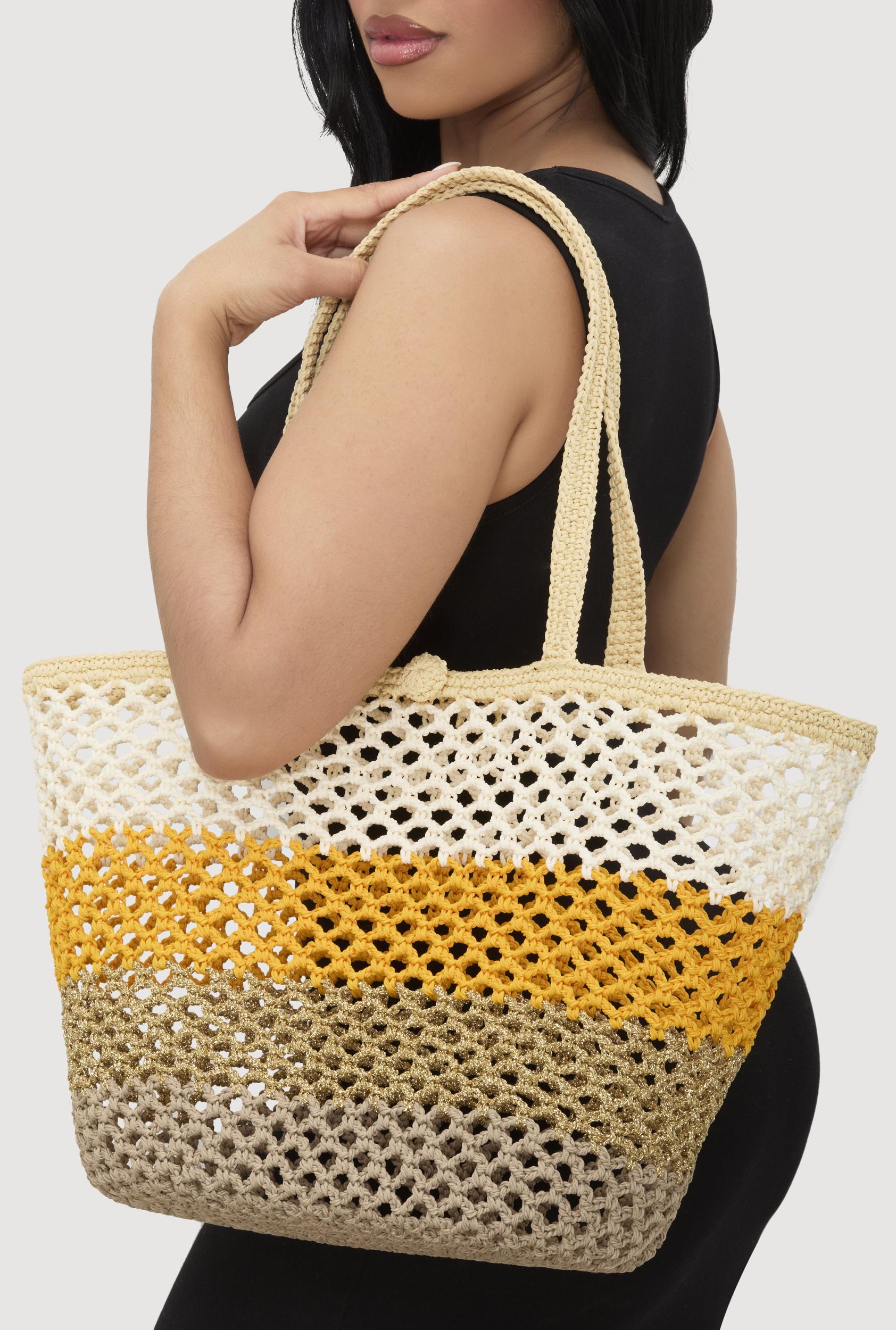 Crochet Color Block Lurex Tote Bag Unisex Product Image
