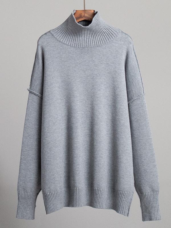 Long Sleeves Loose Solid Color Split-Joint High Neck Pullovers Sweater Tops Product Image