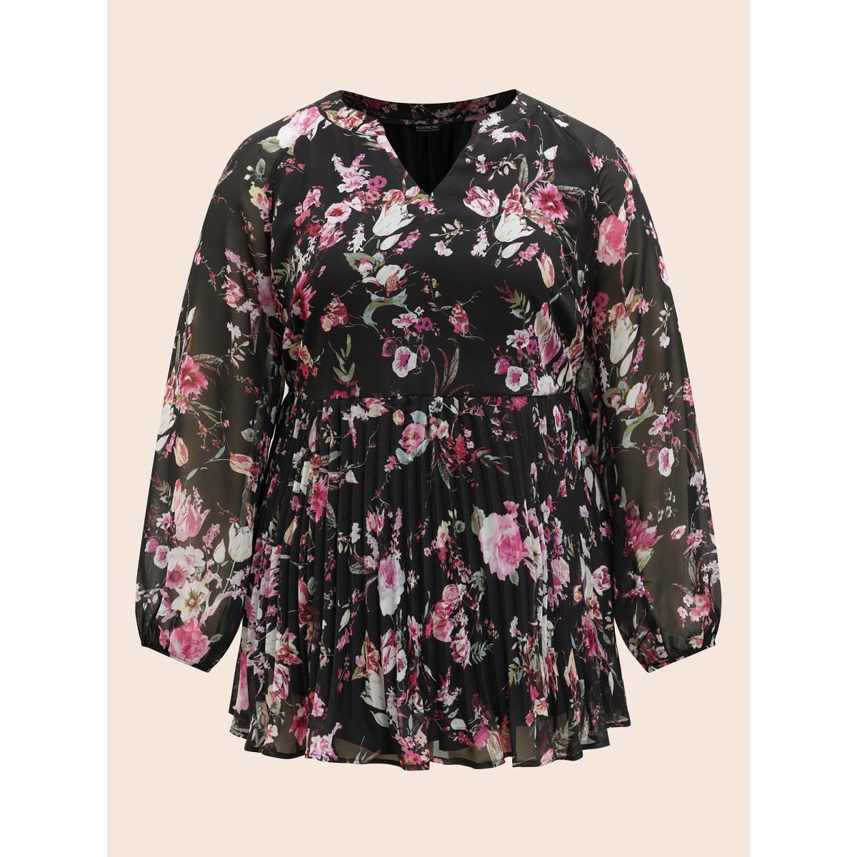 Plus Size Black Chiffon Floral Pleated Pocket Blouse Women Elegant Long Sleeve Flat collar with V-notch Everyday Blouses BloomChic 12/L Product Image