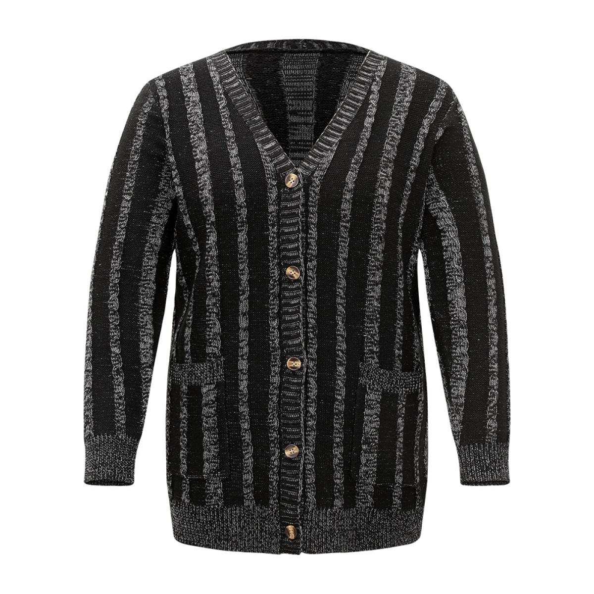 Plus Size Halloween Striped Patched Pocket Button Up Cardigan Black Women Casual Loose Long Sleeve Festival-Halloween Cardigans BloomChic 12/L Product Image