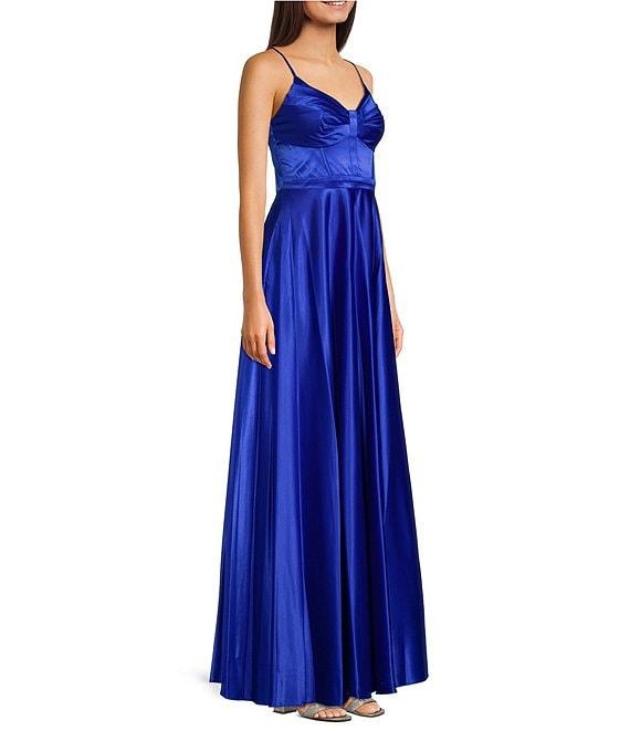 Next Up V-Neck Spaghetti Strap Pleated Bust Front Slit Dress Product Image