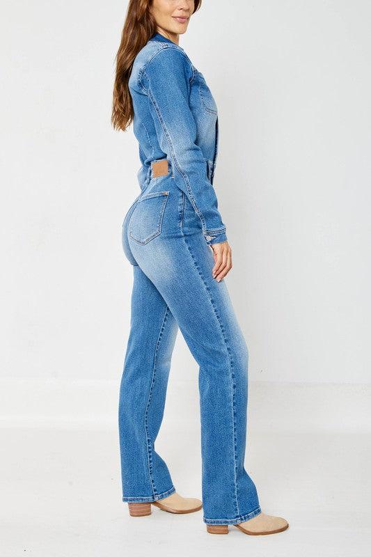 88719   Calista Hi-Rise Long Sleeve Slim Straight Leg Jumpsuit by Judy Blue Jeans Product Image