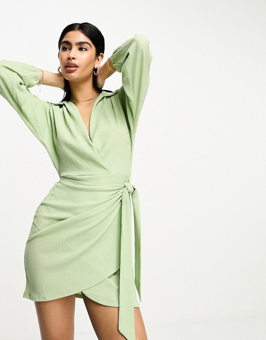 ASOS DESIGN textured long sleeve v neck wrap mini dress Product Image