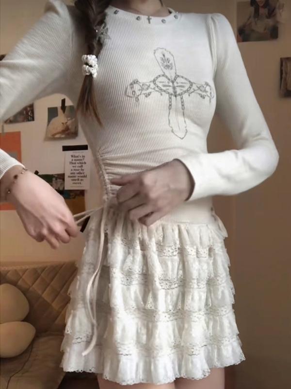 Rhinestone Print Drawstring Tiered Knit Mini Dress Product Image