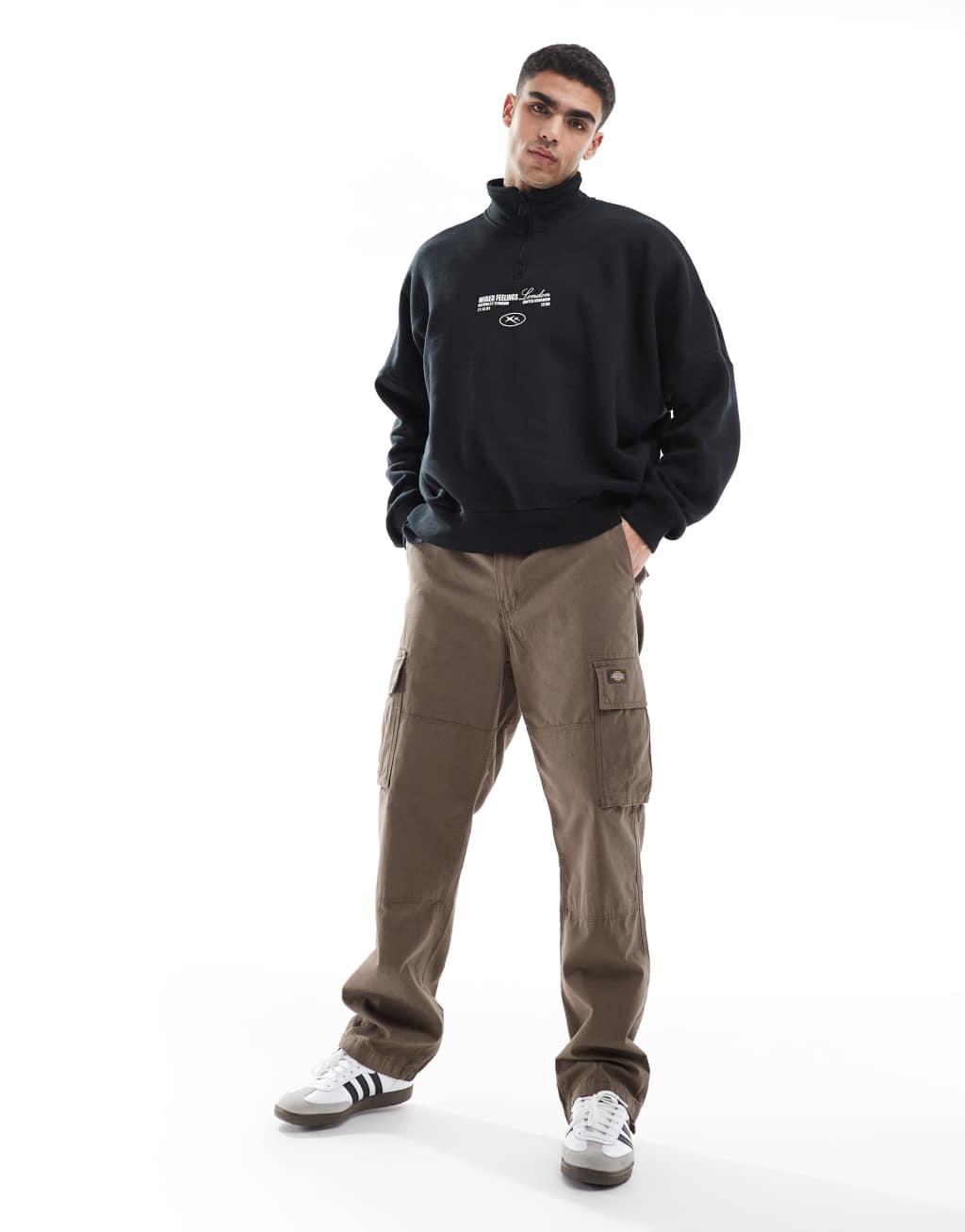 Bershka 1/4 zip piped back printed sweatshirt in black Product Image