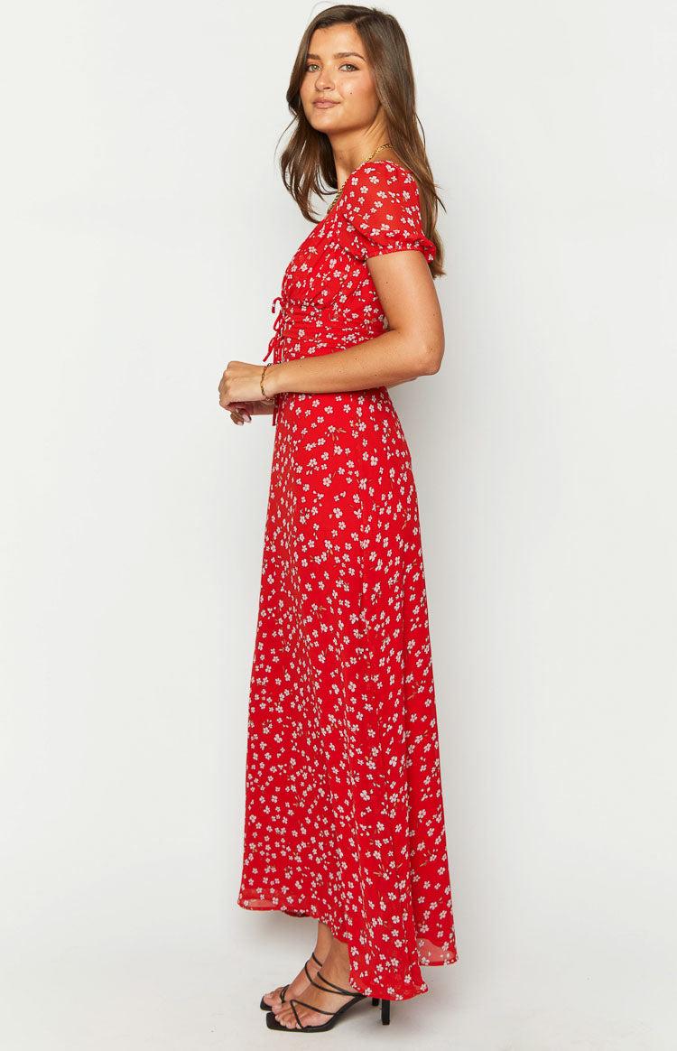 Ayla Red Floral Short Sleeve Maxi Dress Product Image
