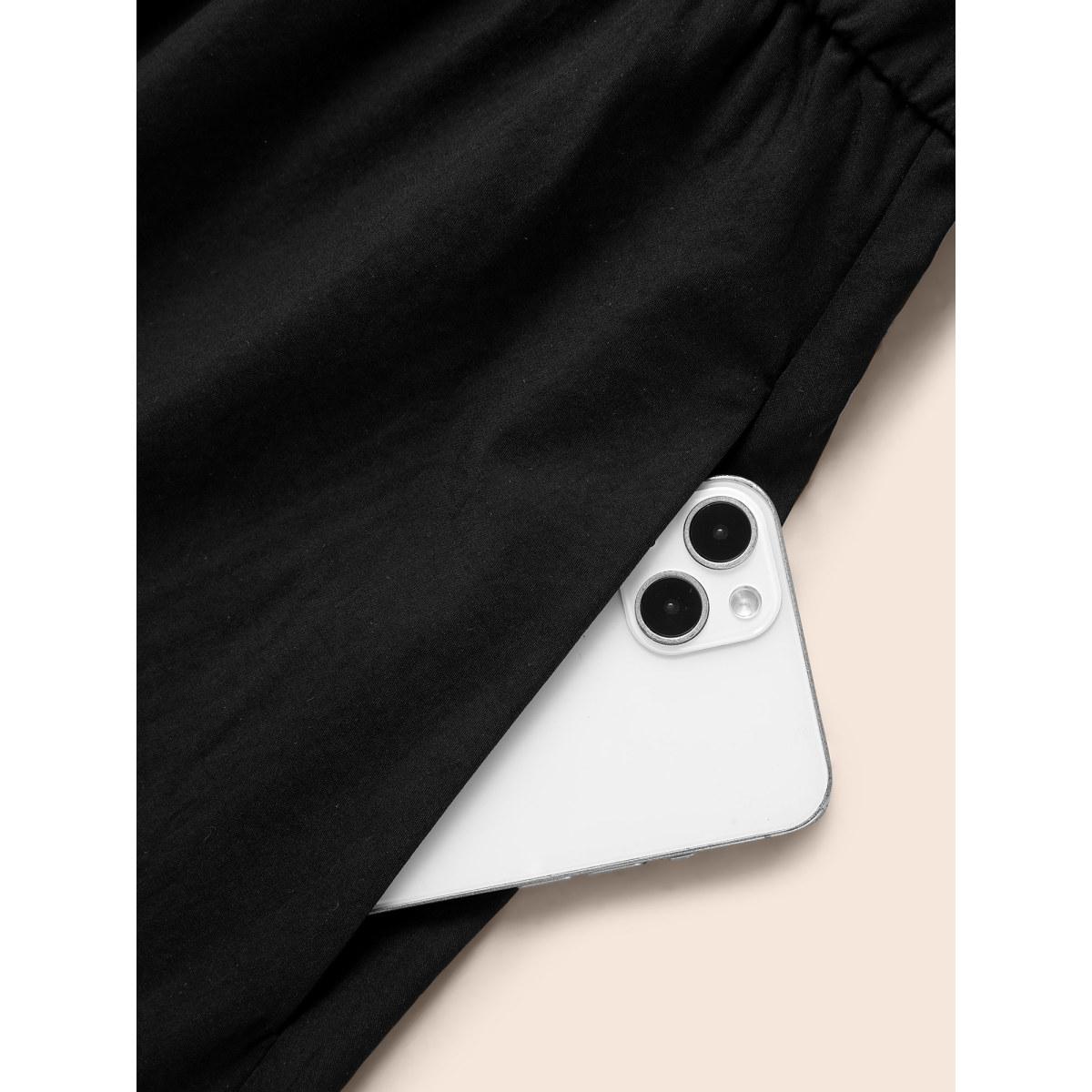 Plus Size Solid Button Up Woven Ribbon Dress Black Women At the Office Woven ribbon&lace trim Shirt collar Long Sleeve Curvy BloomChic 14-16/1X Product Image