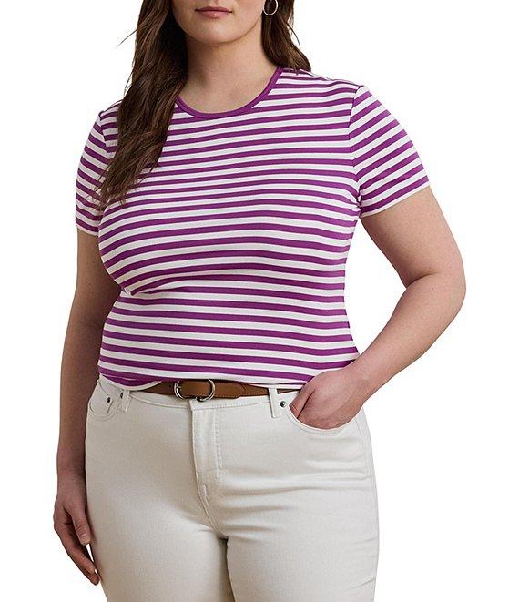 Lauren Ralph Lauren Plus Size Striped Stretch Ribbed Crew Neck Short Sleeve T-Shirt Product Image
