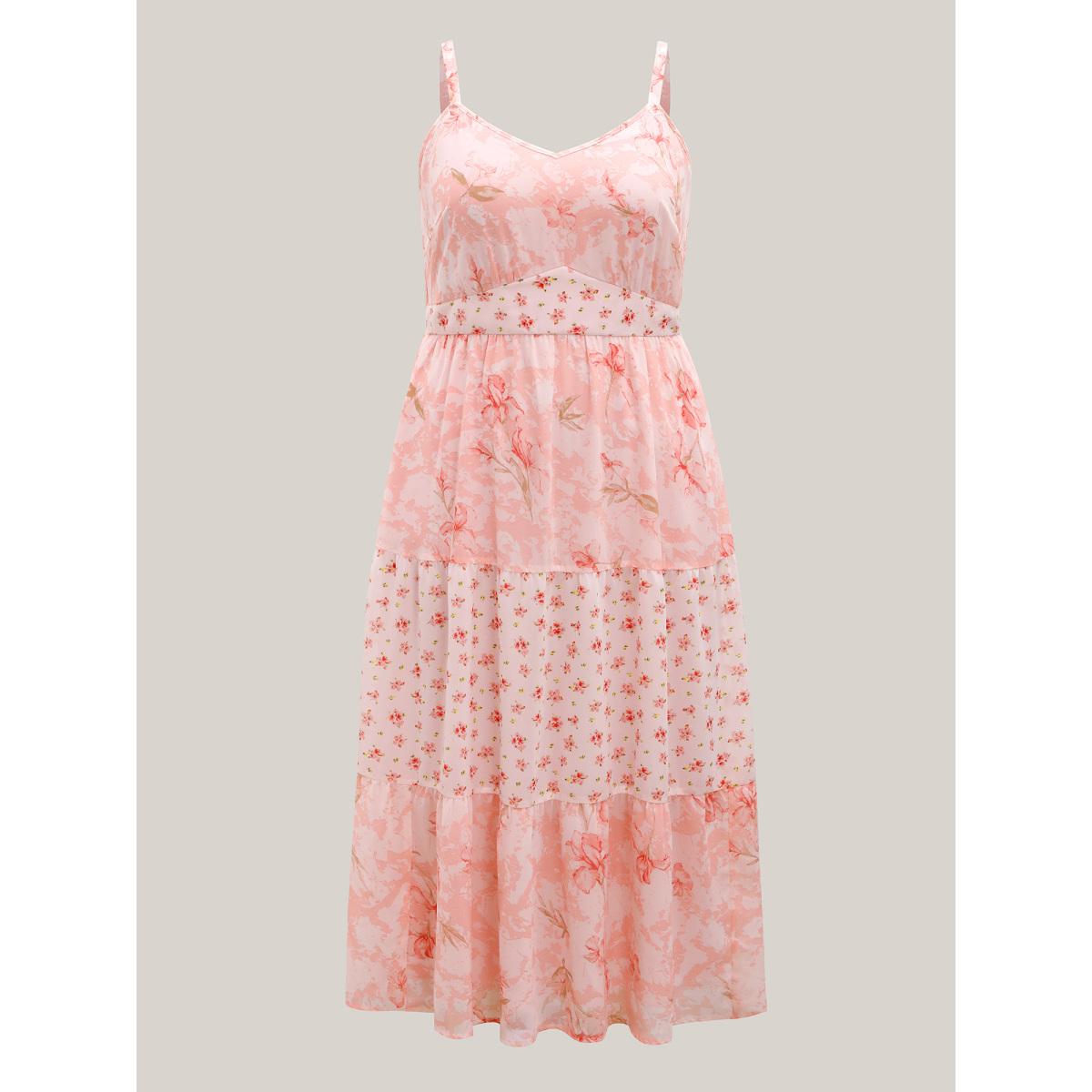 Plus Size Breezy Floral Print Spliced Maxi Dress Lightpink Women Heart neckline Sleeveless Curvy BloomChic 10/M Product Image