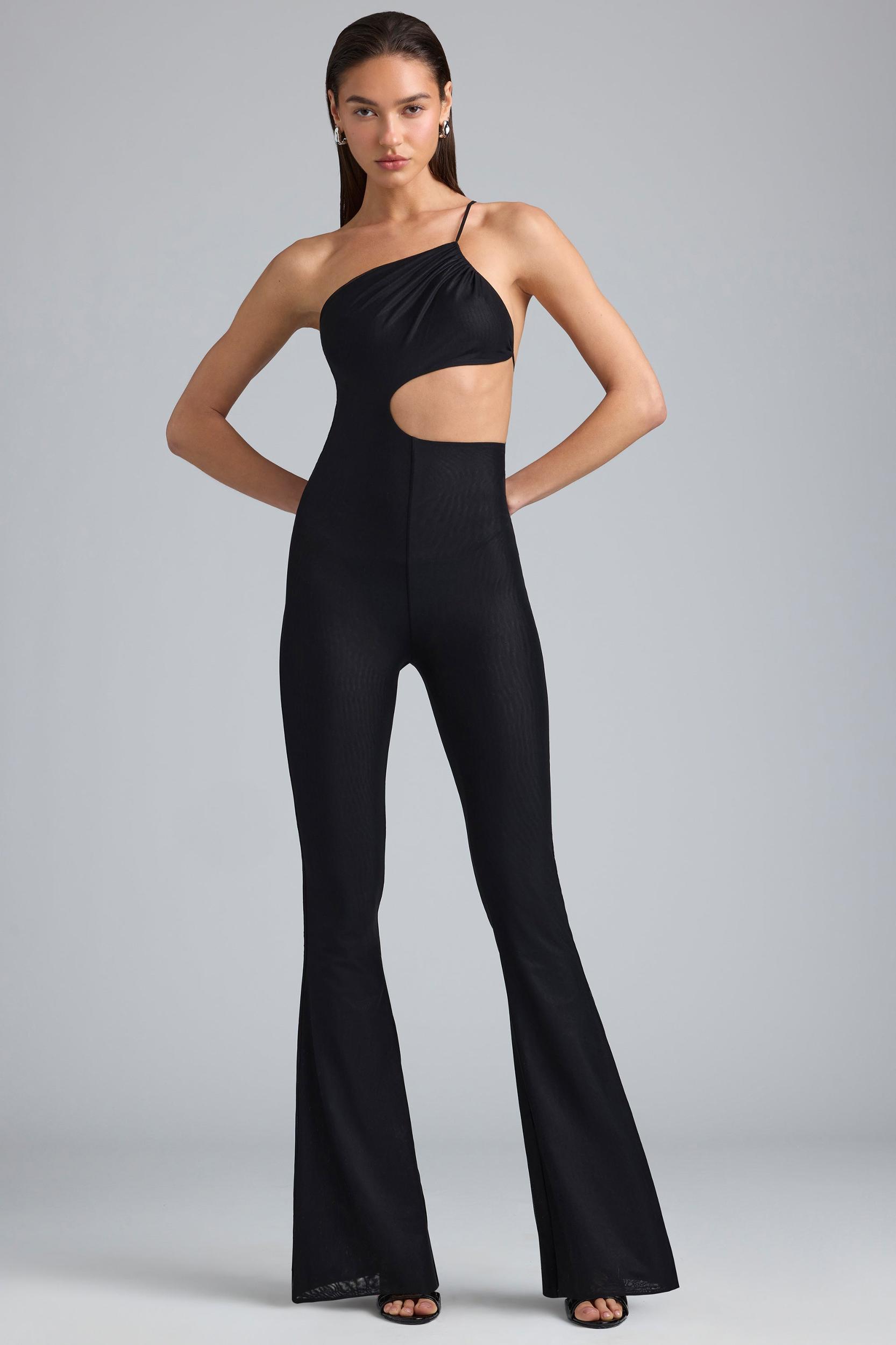 Metallic Ruched Cut-Out Flared Jumpsuit in Black Product Image