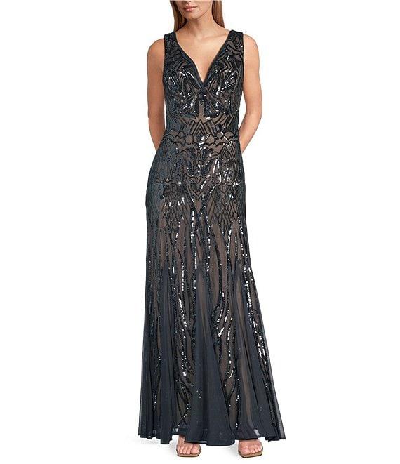 R & M Richards Sleeveless V-Neck Godet Skirt Embellished Long Sequin Dress Product Image