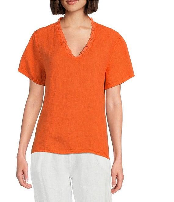 M Made in Italy Ruffle V-Neck Short Sleeve Linen Top Product Image