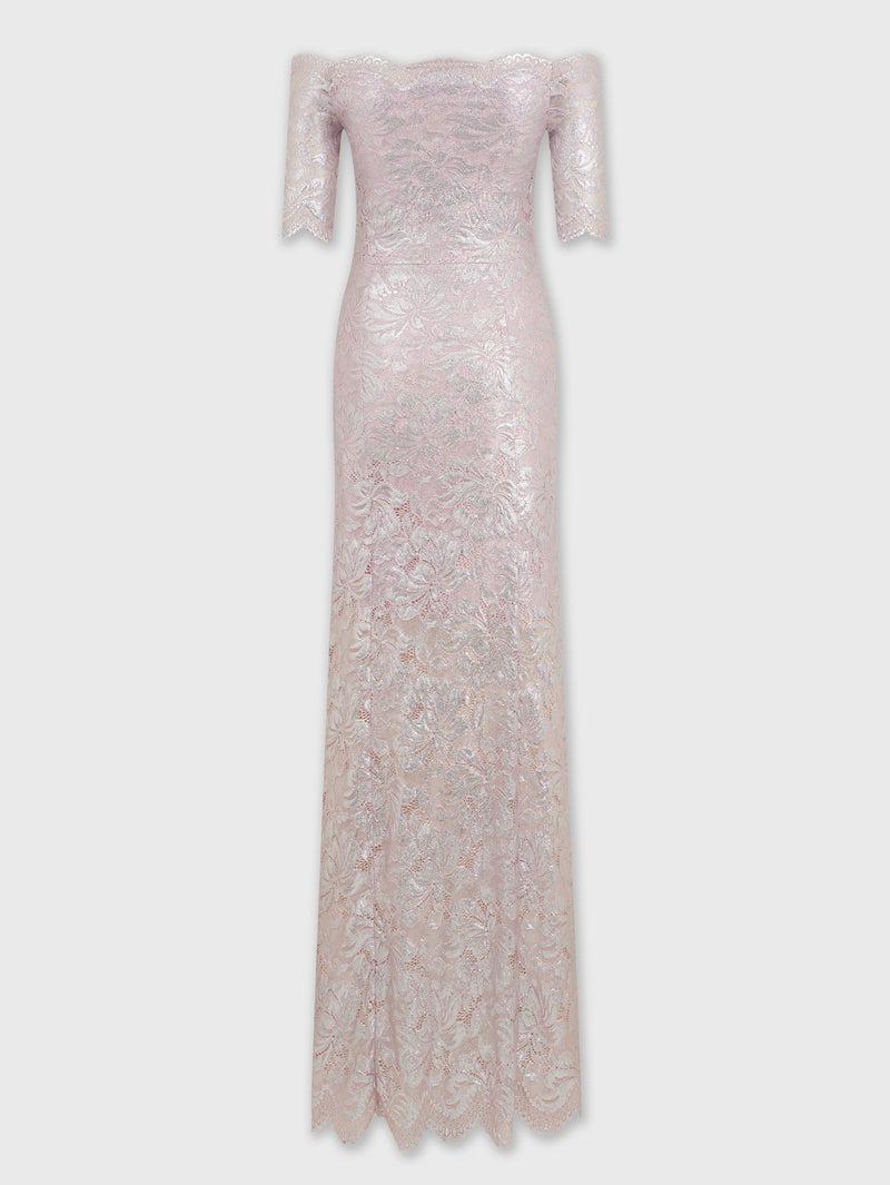 PINK LONG DRESS IN LACE WITH SILVER INDUCTION Product Image