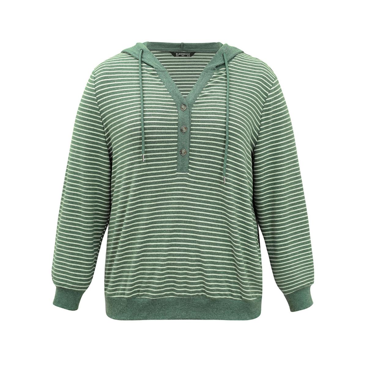 Plus Size Striped Hooded Drawstring Button Up Fluffy Sweatshirt Women Green Elegant Button Hooded Dailywear Sweatshirts BloomChic 18-20/2X Product Image