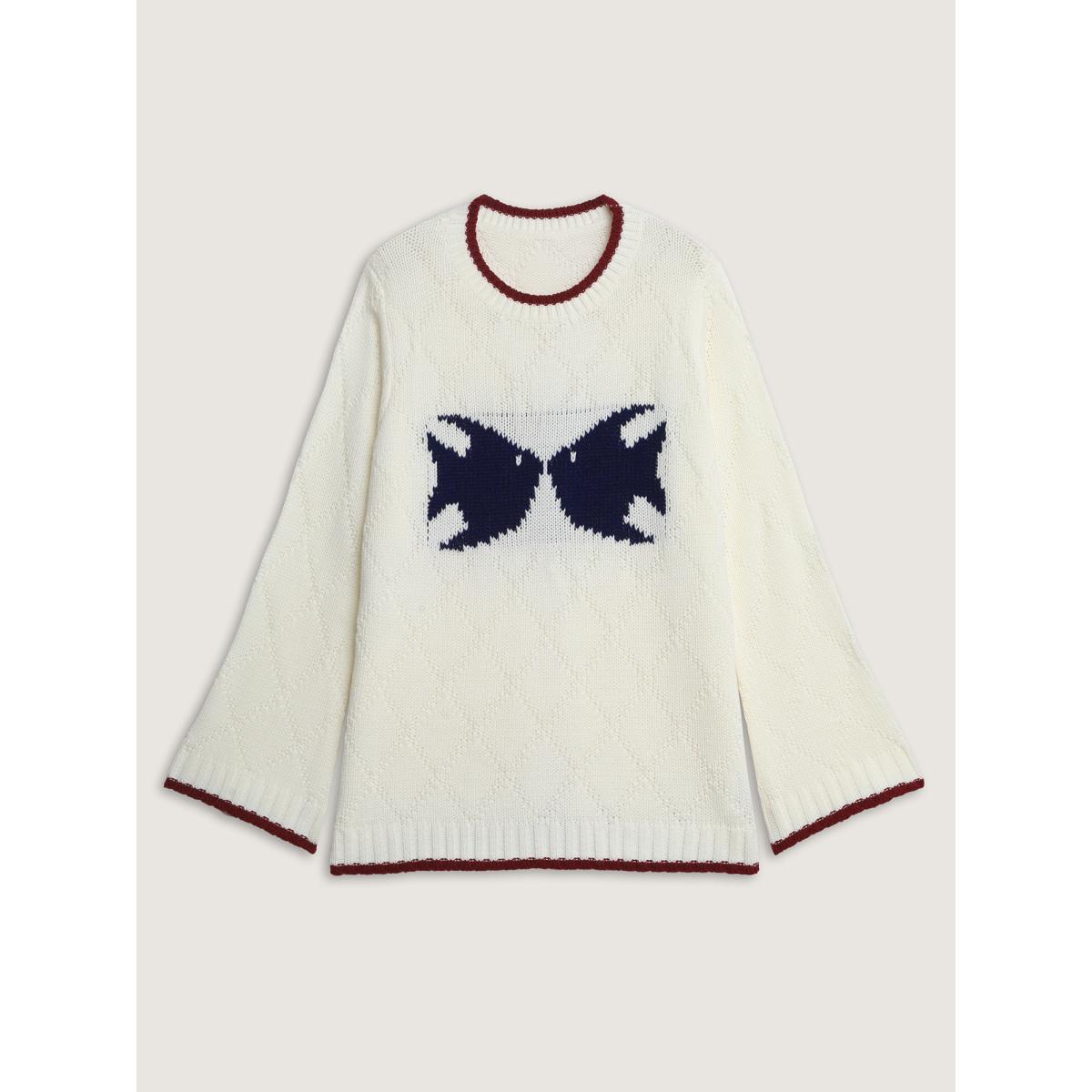 Plus Size Romantic Fish Pattern Jacquard Textured Pullover Originalwhite Women Playful Loose Long Sleeve Round Neck Casual Pullovers BloomChic 28/5X Product Image
