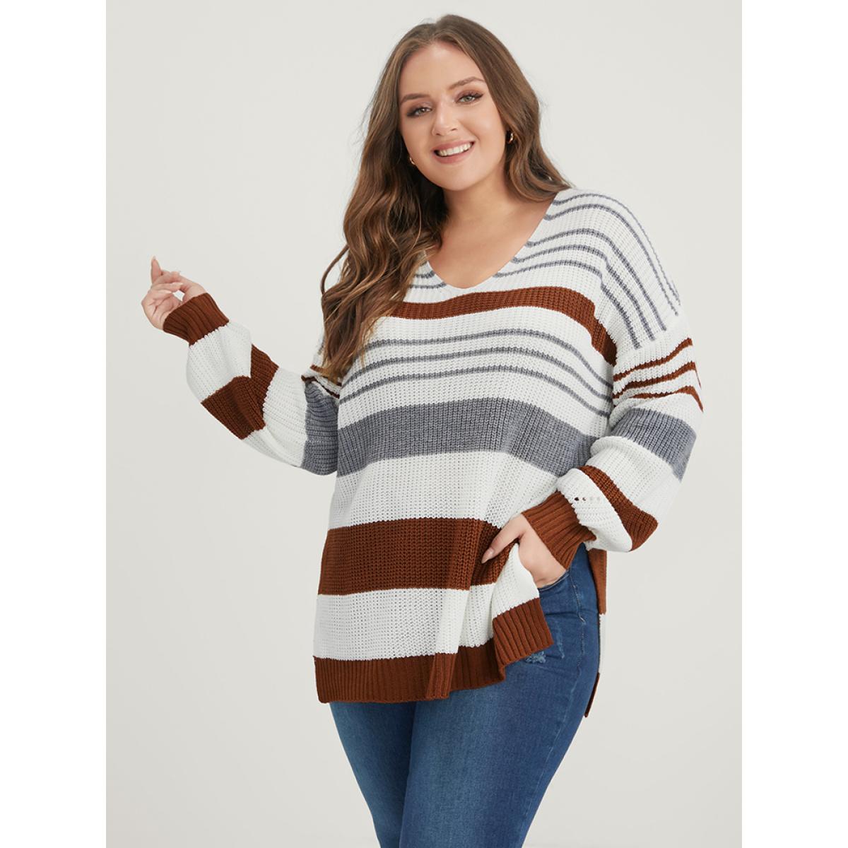 Plus Size Striped Contrast Pointelle Knit Split Hem Knit Top Multicolor Women Casual Loose Long Sleeve V-neck Dailywear Pullovers BloomChic 14-16/1X Product Image