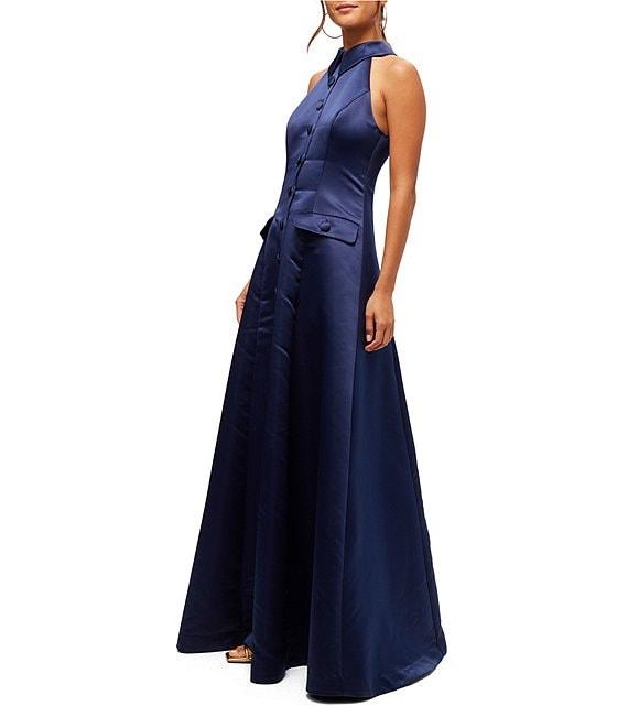 Trina Turk Official Satin Halter Collar Sleeveless Gown Product Image
