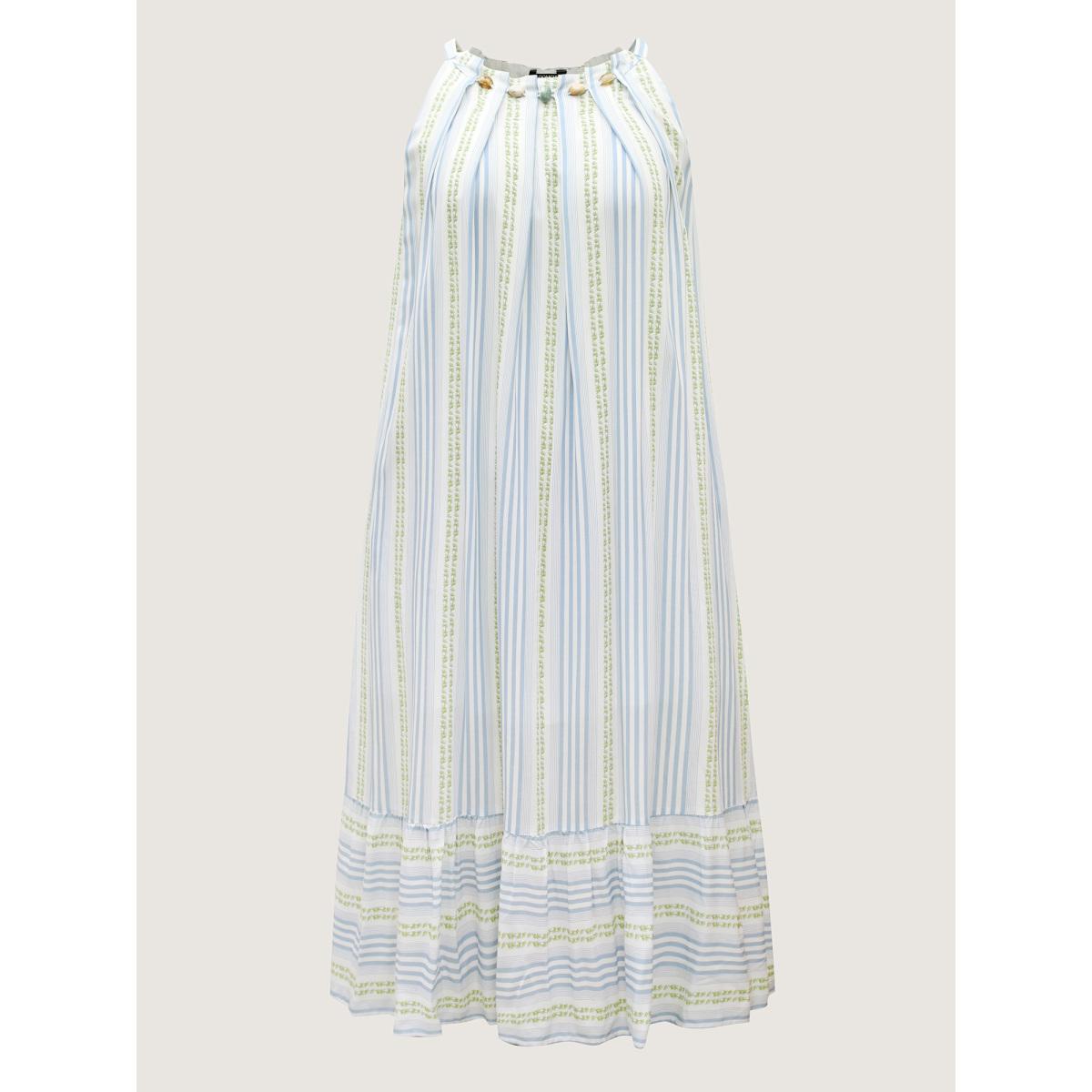 Plus Size Nautical Stripes Flared Midi Dress LightBlue Women Round Neck Sleeveless Curvy BloomChic 22-24/3X Product Image