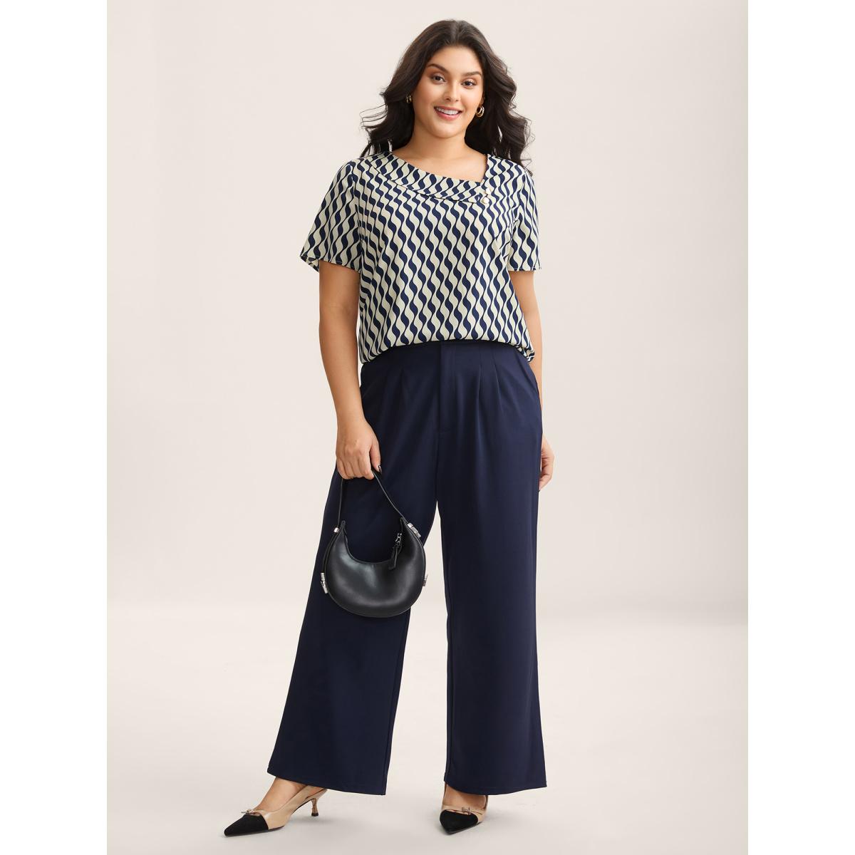 Plus Size Indigo Wavy Print Asymmetrical Neckline Blouse Women Short sleeve Asymmetrical Neck Work Blouses BloomChic 14-16/1X Product Image