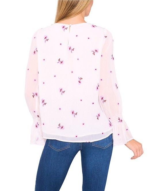 CeCe Woven Floral Print Round Neck Long Sleeve Smocked Cuff Blouse Product Image