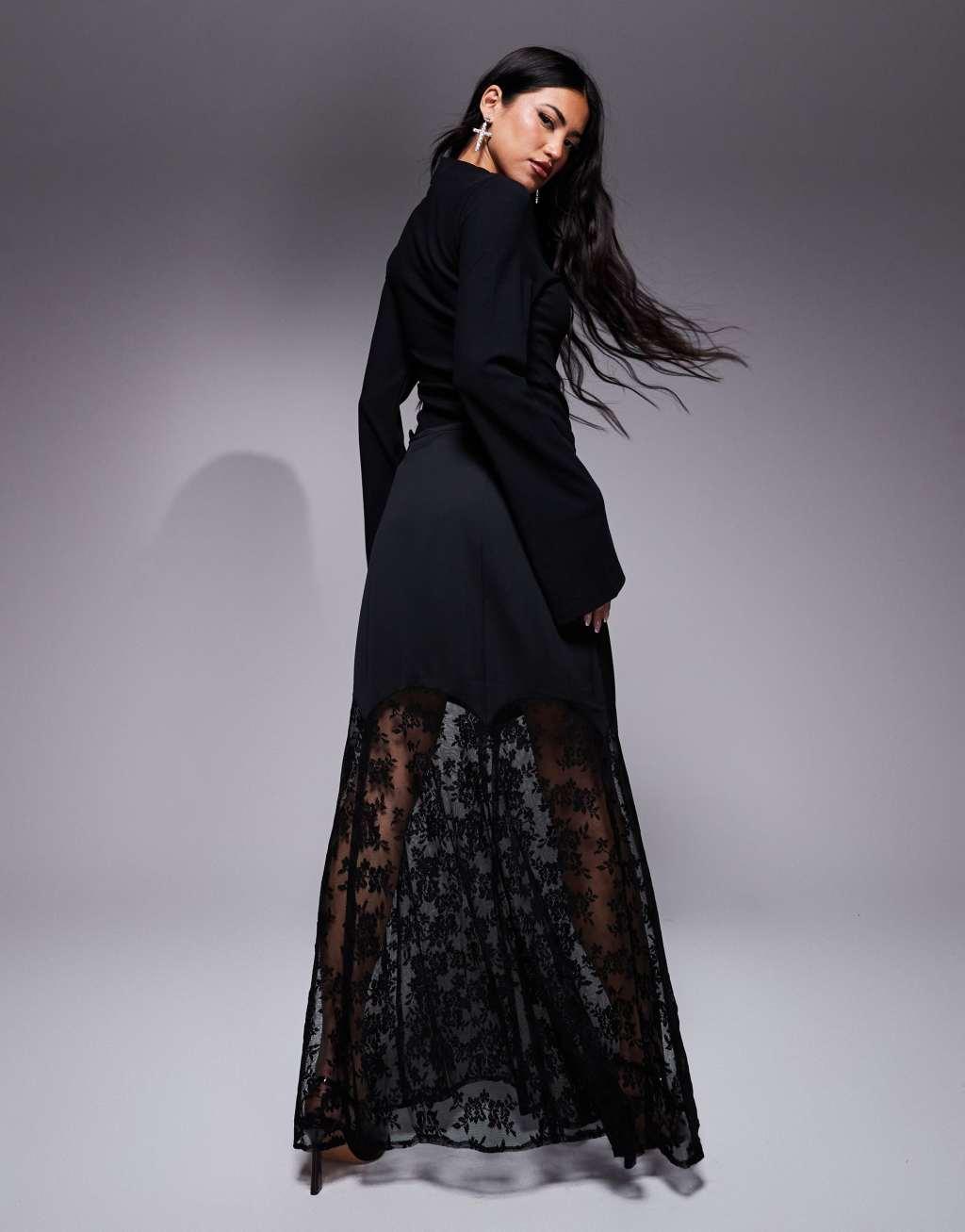 River Island satin skirt with lace hem in black Product Image