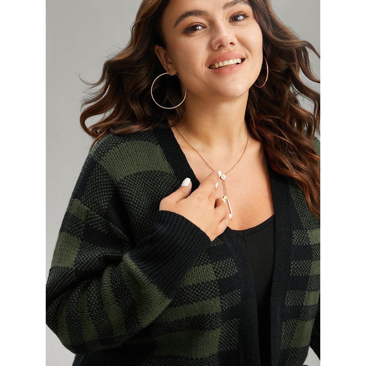 Plus Size Plaid Patchwork Split Side Open Front Cardigan DarkGreen Women Casual Loose Long Sleeve Festival-Christmas Cardigans BloomChic 30/6X Product Image