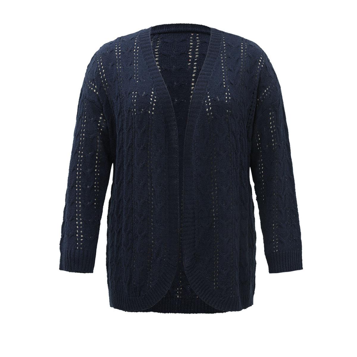 Plus Size Plain Eyelet Curved Hem Drop Shoulder Cardigan Indigo Women Casual Loose Long Sleeve Everyday Cardigans BloomChic 14-16/1X Product Image