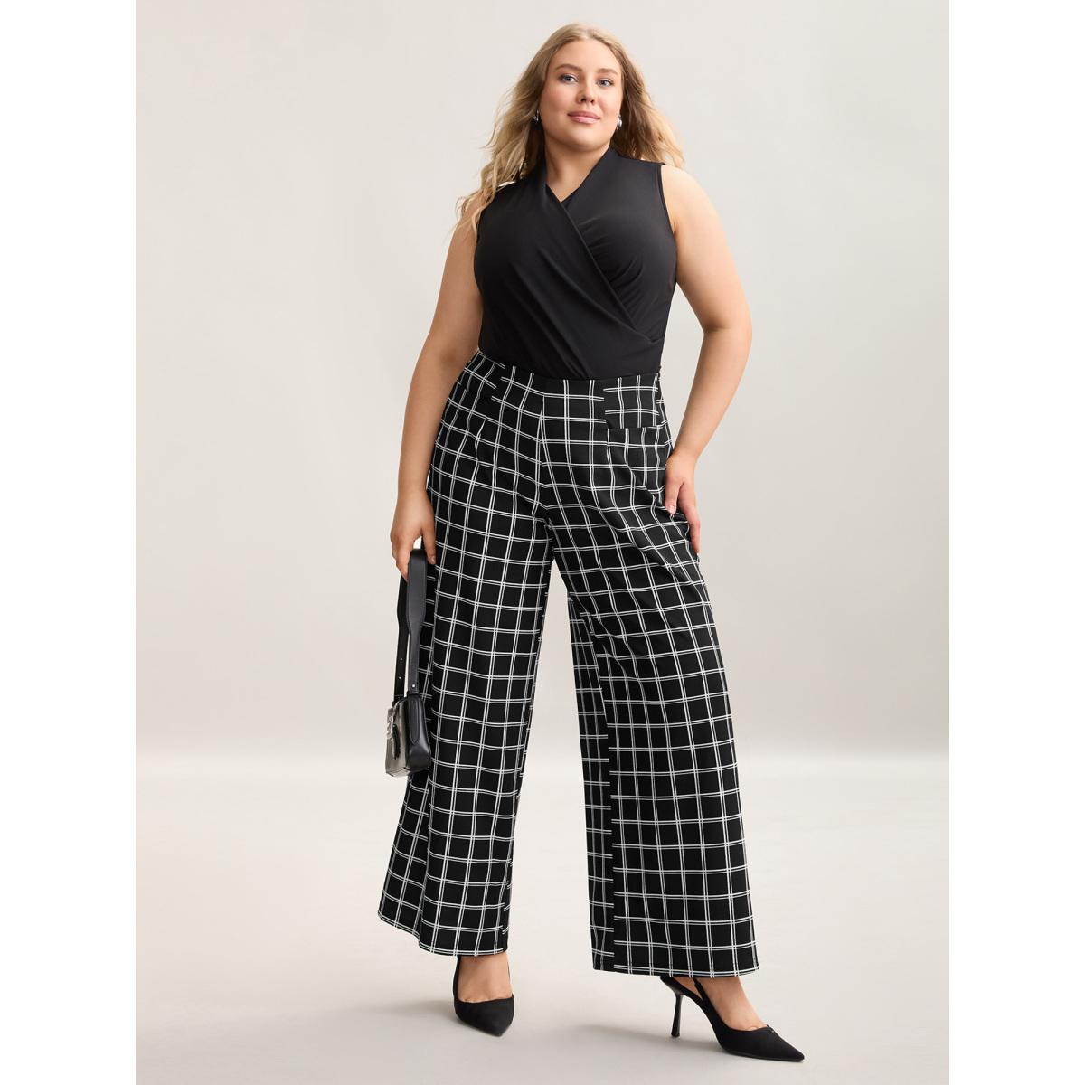 Plus Size Plaid Pattern Stretchy Waist Wide-Leg Pants Women Black At the Office Wide Leg Mid Rise Work Pants BloomChic 22-24/3X Product Image