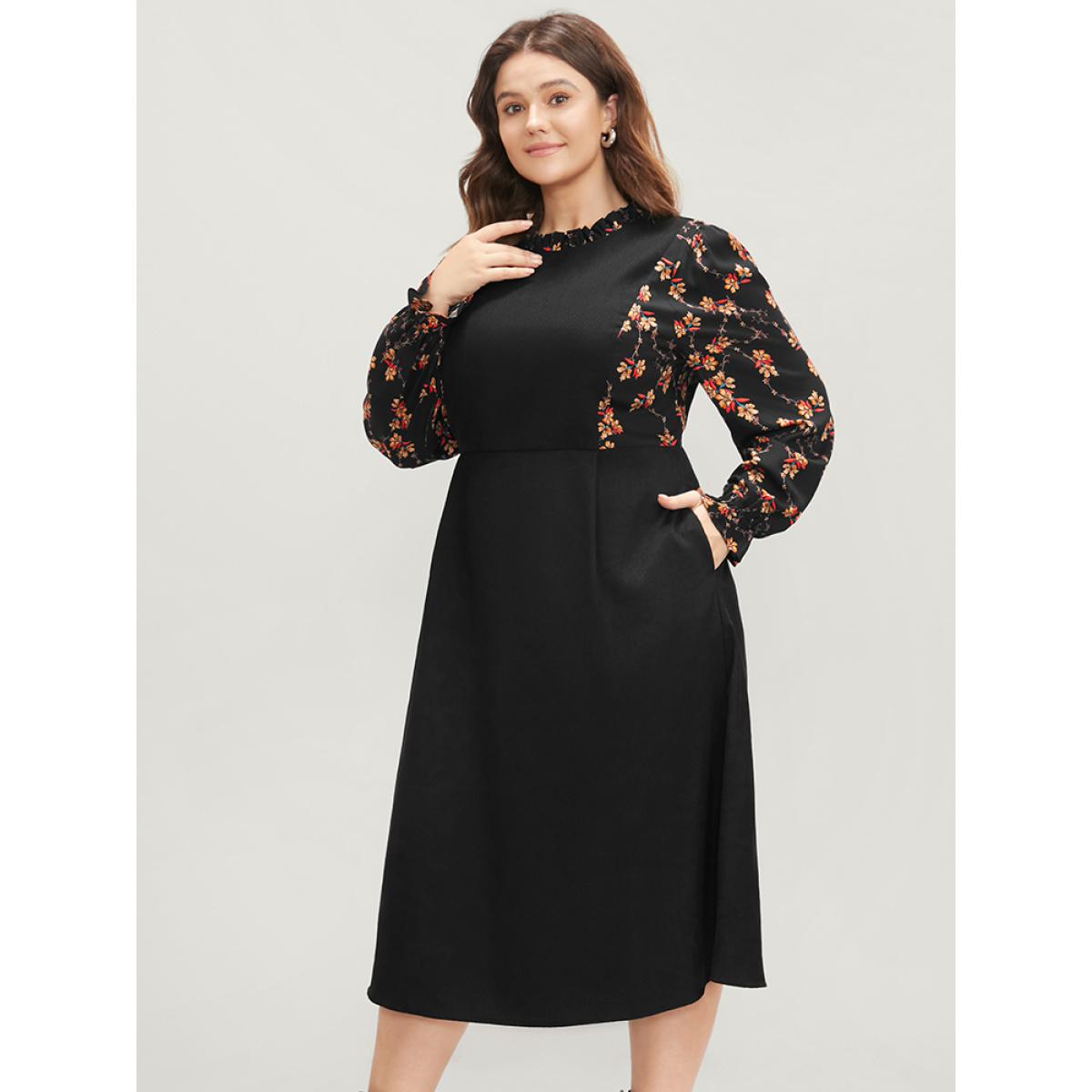 Plus Size Floral Patchwork Ruffle Trim Pocket Zipper Dress Black Women Elegant Zipper Stand-up collar Long Sleeve Curvy Midi Dress BloomChic 12/L Product Image