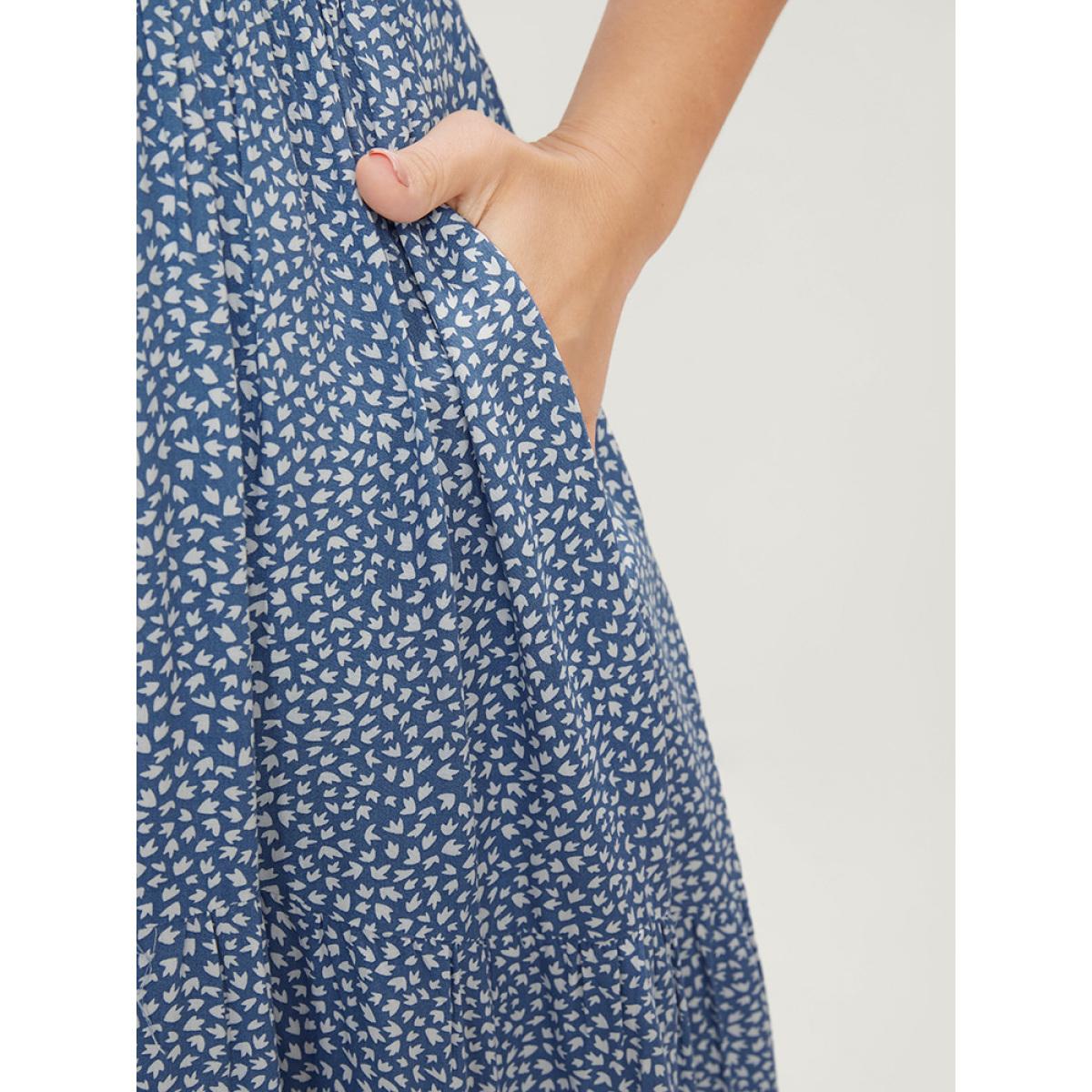 Plus Size Geometric Button Detail Lantern Sleeve Ruffle Tiered Dress LightBlue Women Elegant Patchwork V-neck Half Sleeve Curvy Midi Dress BloomChic 28/5X Product Image