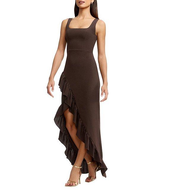 Dress the Population Charlene Square Neck Sleeveless Cascading Ruffle Side Slit Gown Product Image