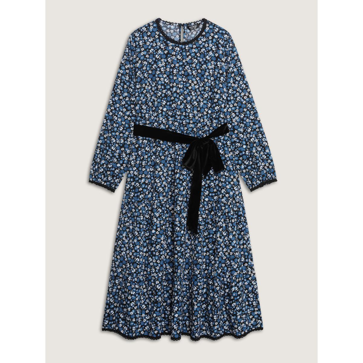 Plus Size Floral Print Contrast Color Belted Midi Dress Black Women Timeless Woven ribbon&lace trim Round Neck Long Sleeve Curvy BloomChic 28/5X Product Image