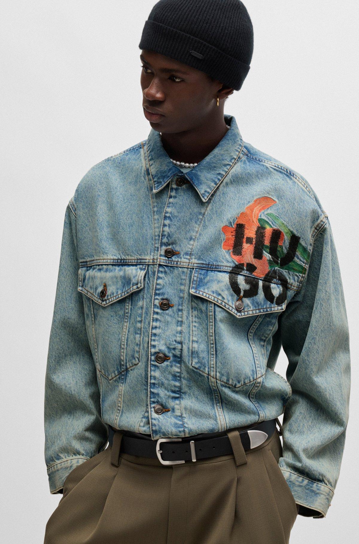 Regular-fit jacket in rigid denim with logo prints Product Image