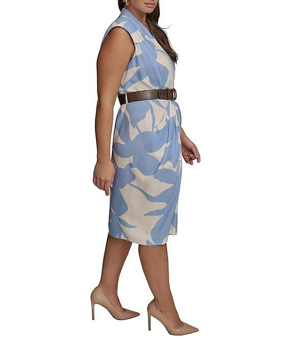 Donna Karan Plus Size Dot Crepe V-Neck Sleeveless Belted Sheath Midi Dress Product Image
