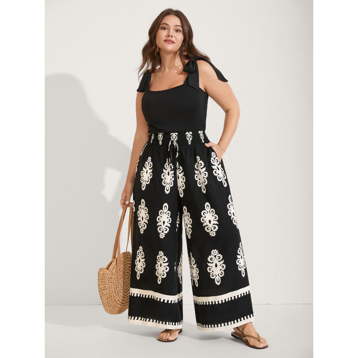 Plus Size Ornate Print Shirred Wide-Leg Pants Women Black Boho Wide Leg Mid Rise Vacation Pants BloomChic 28/5X Product Image