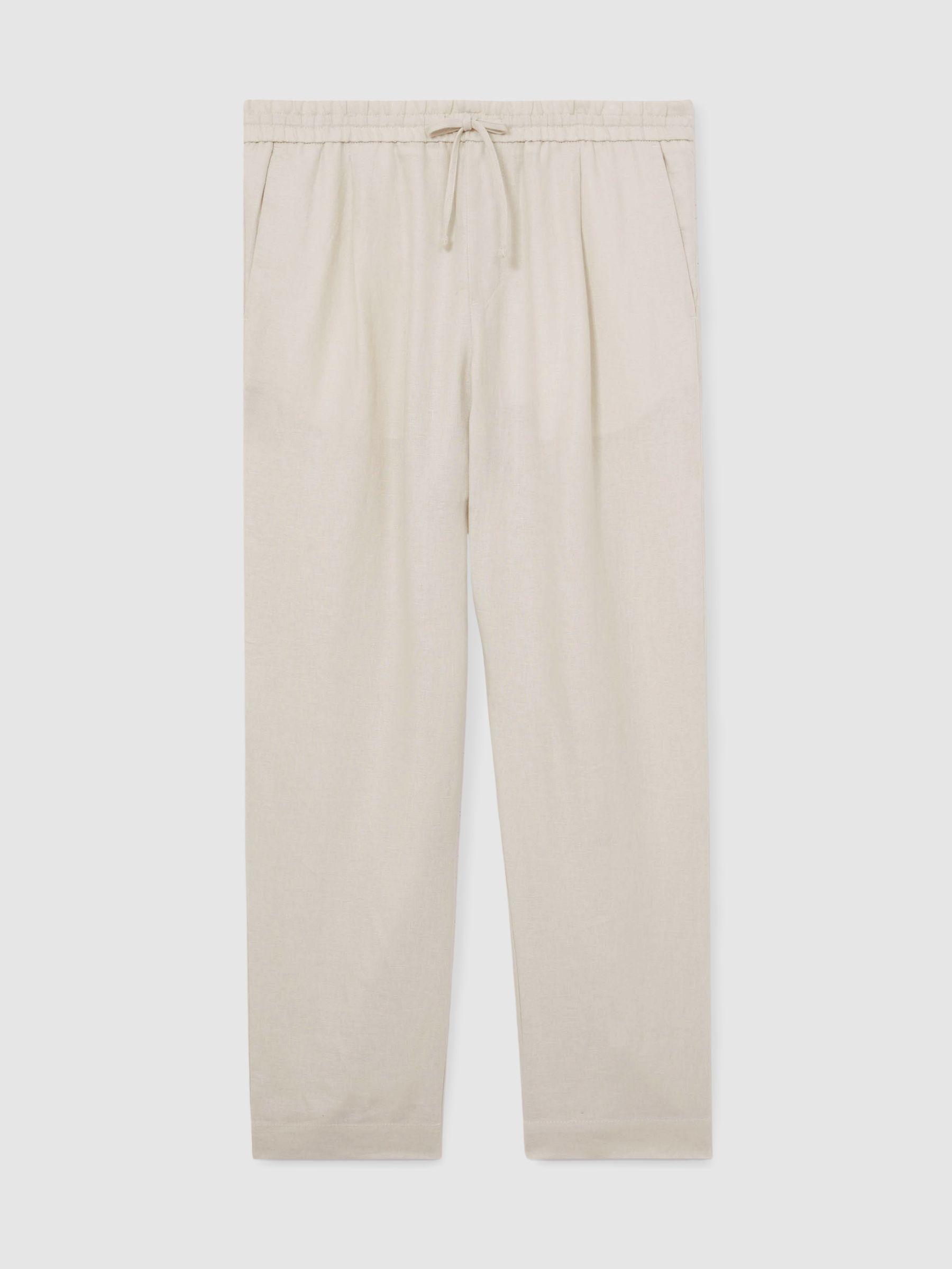 Linen Drawstring Relaxed-Fit Trousers in Stone Product Image