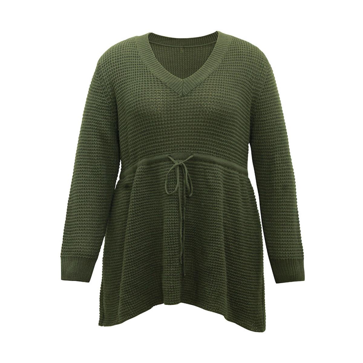 Plus Size Solid Drawstring Curved Hem Knit Pullover ArmyGreen Women Casual Long Sleeve V-neck Everyday Pullovers BloomChic 28/5X Product Image