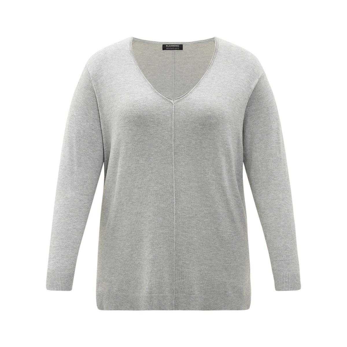 Plus Size Supersoft Essentials Plain Patchwork Split Side Pullover LightGray Women Casual Loose Long Sleeve V-neck Everyday Pullovers BloomChic 18-20/2X Product Image