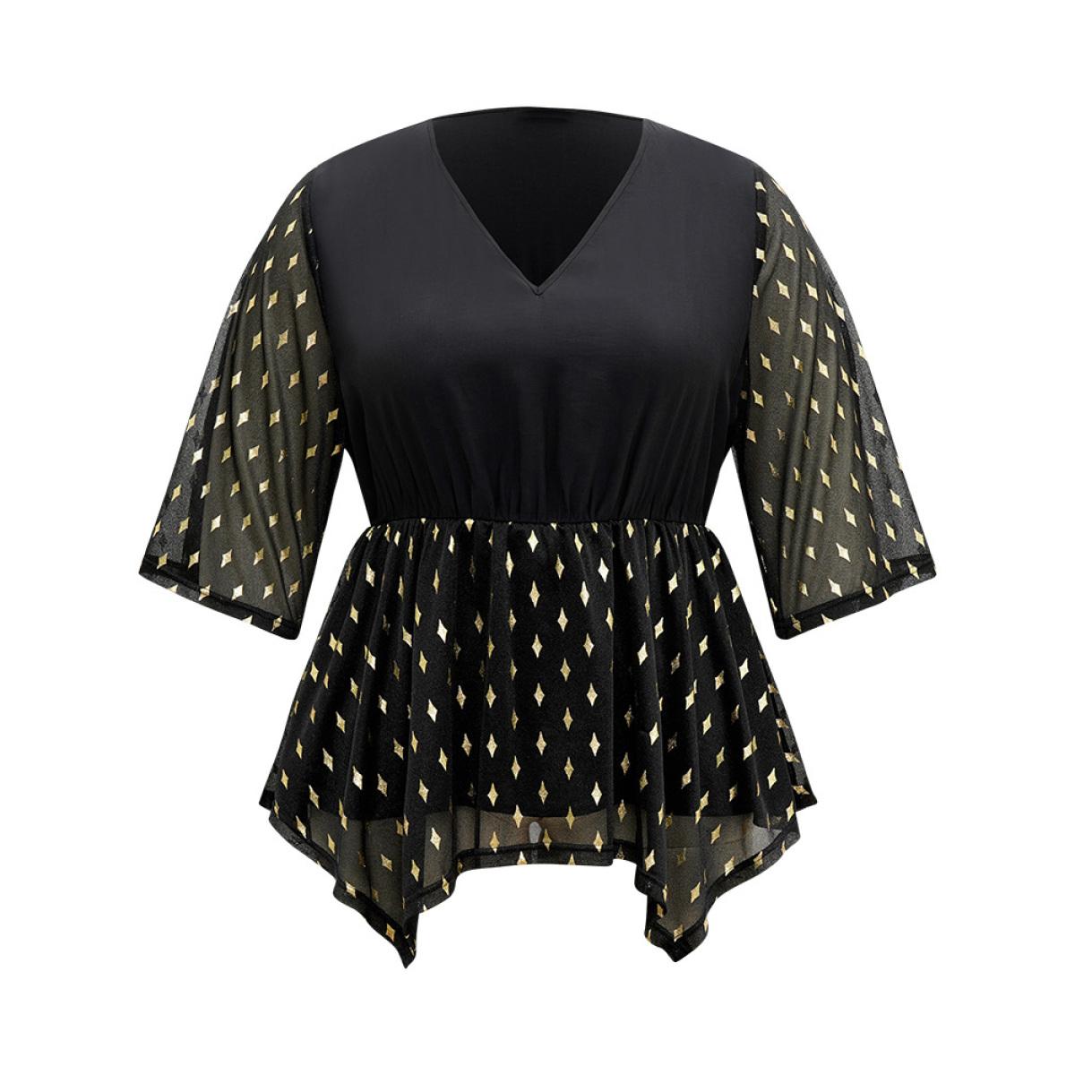Plus Size Black Glitter Patchwork Mesh Hanky Hem Blouse Women Glamour Elbow-length sleeve V-neck Festival-Christmas Blouses BloomChic 12/L Product Image