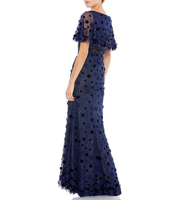 Mac Duggal V-Neck Short Flutter Sleeve Floral Pleated Cape Back Sheath Gown Product Image