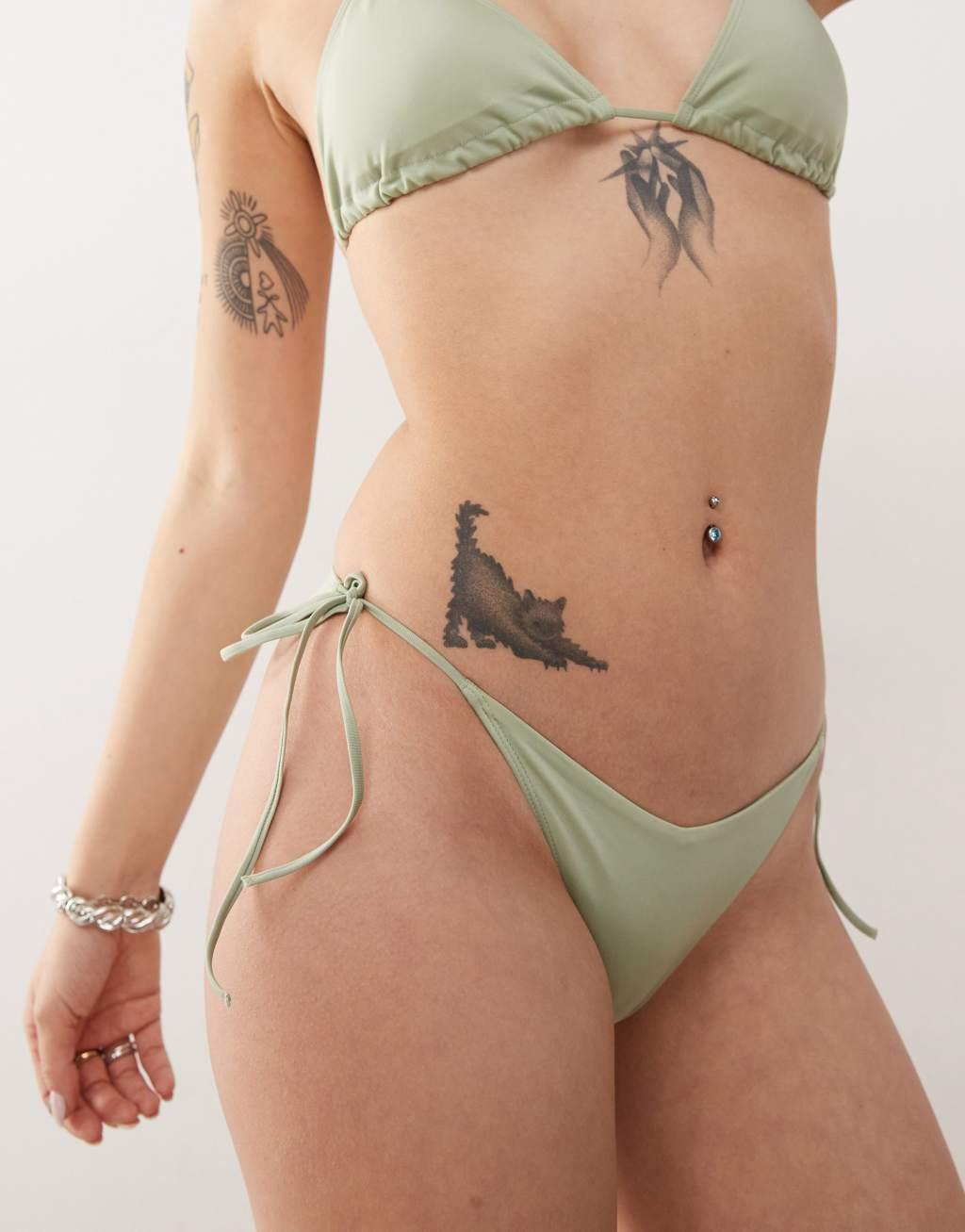 Monki mix and match tie side bikini bottom in sage green Product Image