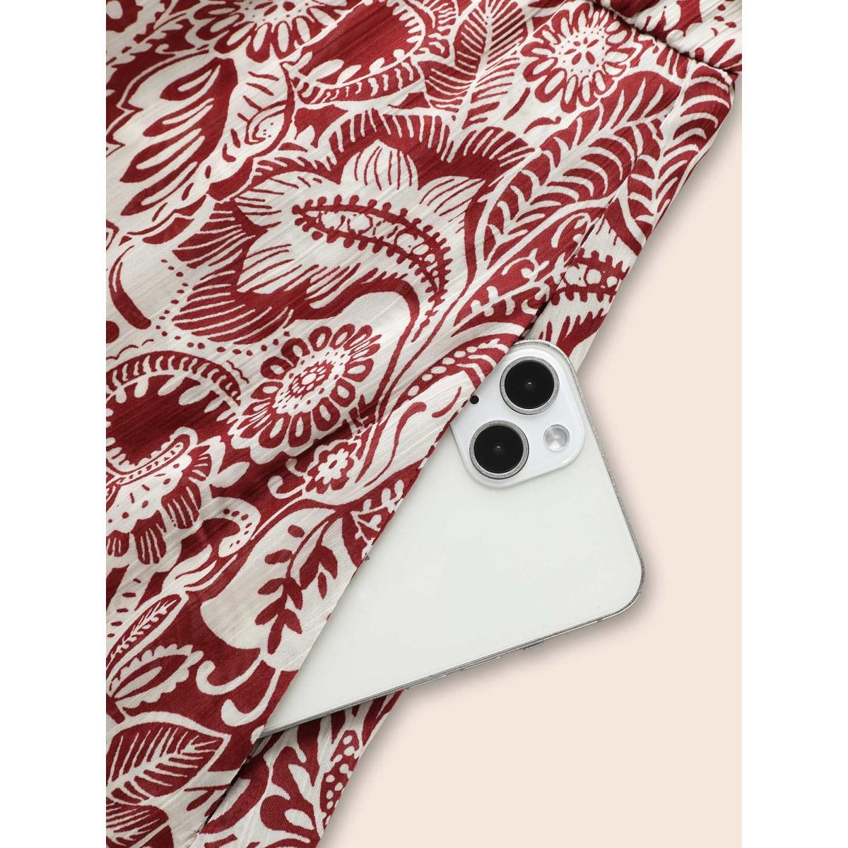 Plus Size Bandana Woven Ribbon Bell Sleeve Dress Scarlet Women Resort Woven ribbon&lace trim Notched collar Long Sleeve Curvy BloomChic 28/5X Product Image