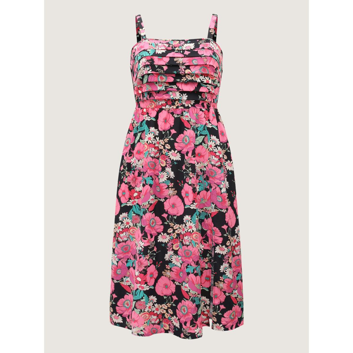 Plus Size Pleated Side Pockets Floral Midi Dress Black Women Tucked seam Non Sleeveless Curvy BloomChic 28/5X Product Image